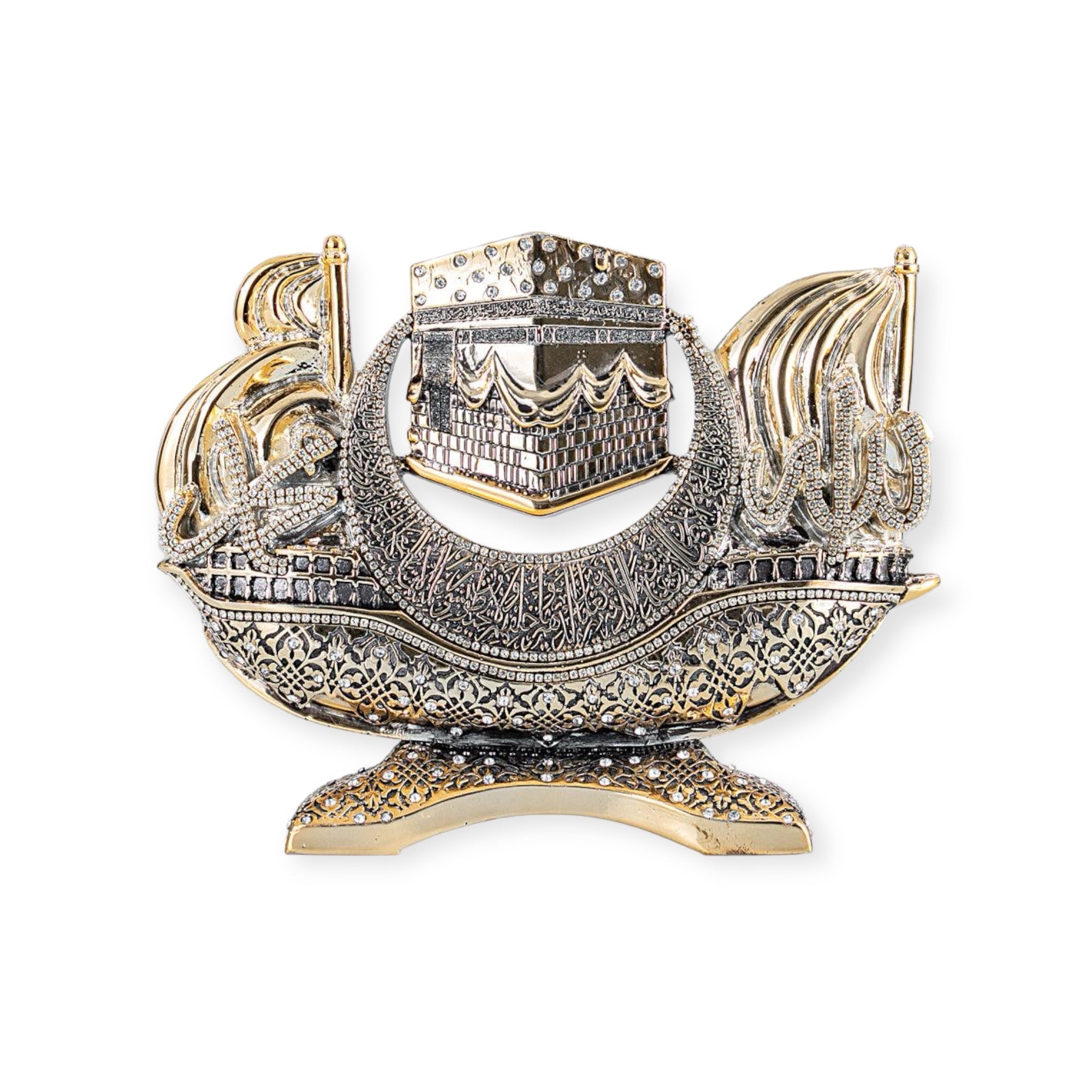 Islamic Ornament - Kaaba with Ayatul Kursi Boat Shape Ornament – Gold/Silver Finish Islamic Ornament - Kaaba with Ayatul Kursi Boat Shape Ornament – Gold/Silver Finish