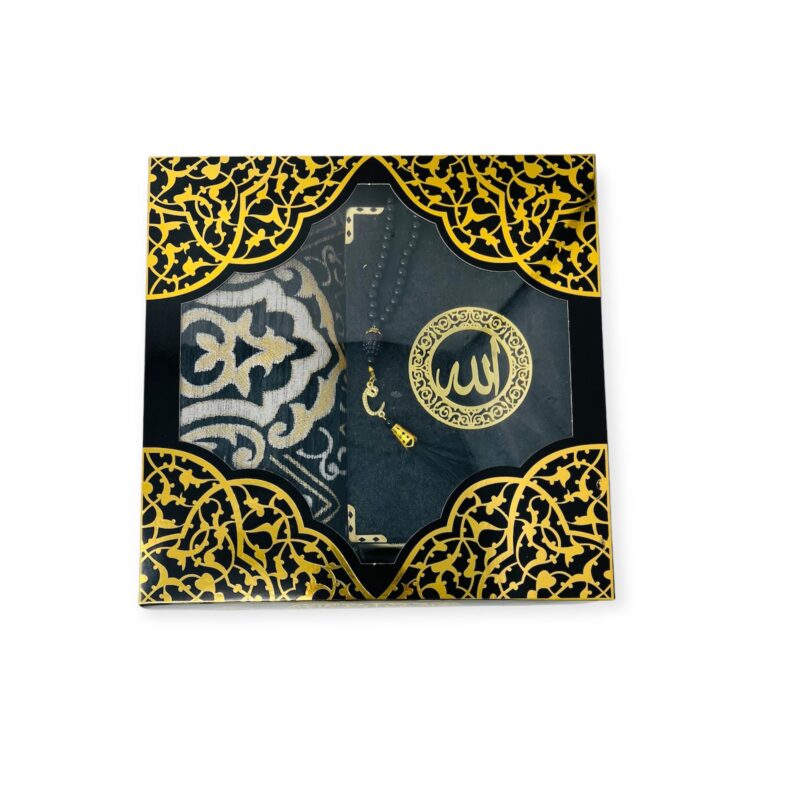 Islamic Prayer Mat - Prayer Rug Gift Box Set - With indo pak Quran & Prayer Beads Black