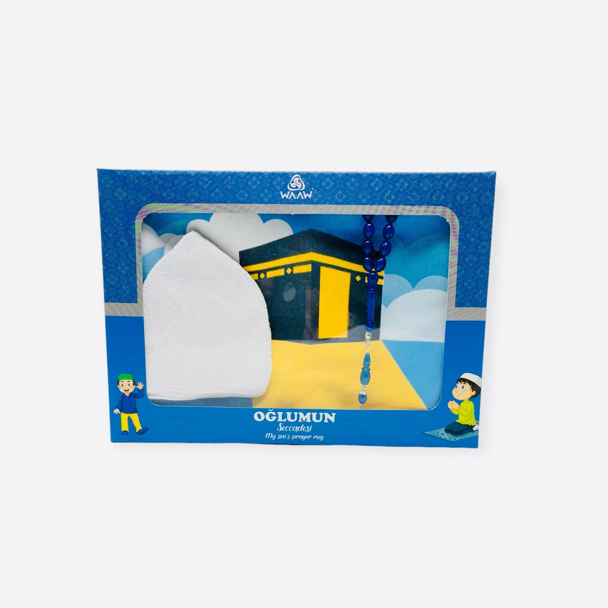 Muslim Prayer Hat - Children Gift Box With Prayer mat, Tasbeeh & Prayer Hat Blue Muslim Prayer Hat - Children Gift Box With Prayer mat, Tasbeeh & Prayer Hat Blue