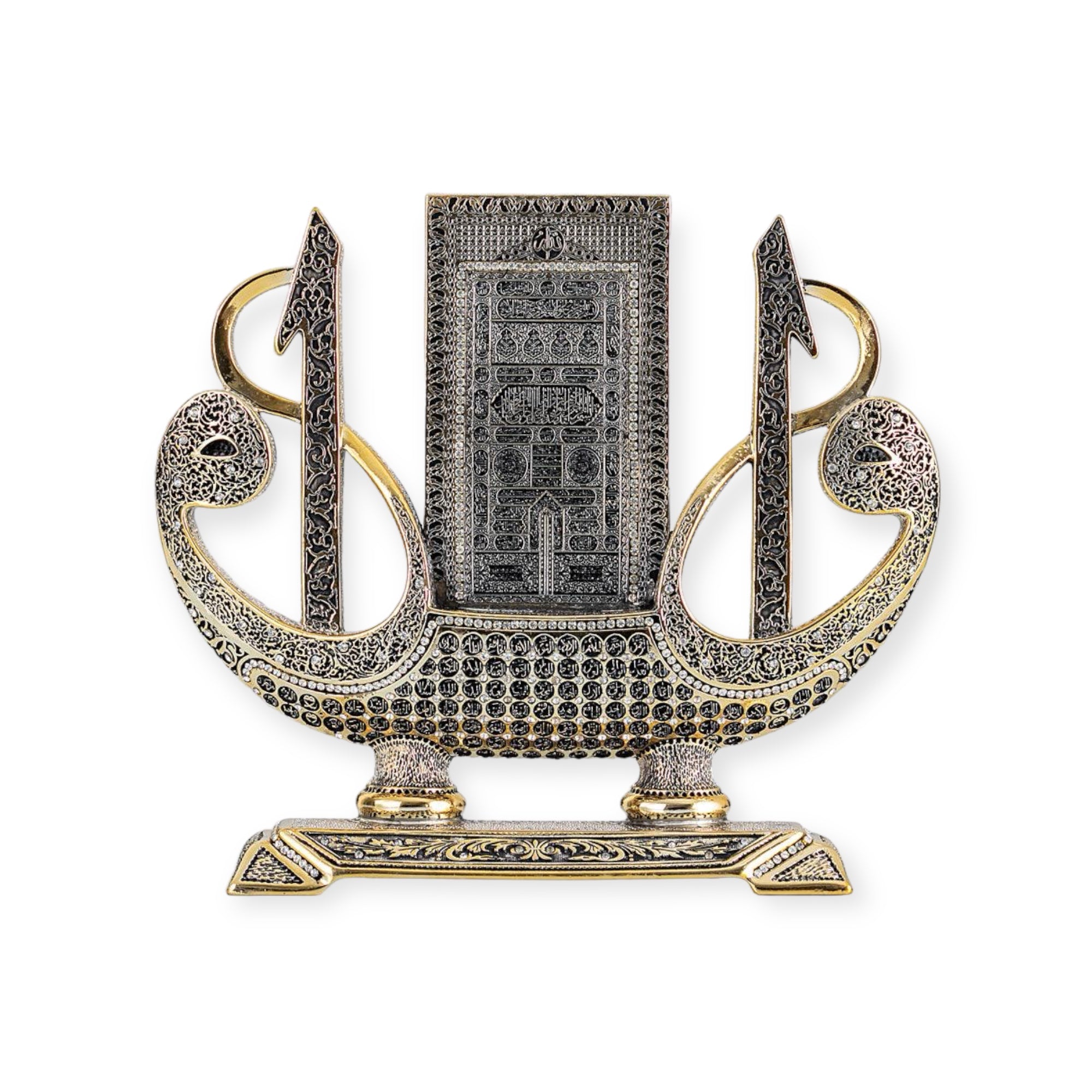 Islamic Ornament - Waaw Alif with Kaaba Door Boat Shape Ornament – Silver/Gold Finish Islamic Ornament - Waaw Alif with Kaaba Door Boat Shape Ornament – Silver/Gold Finish