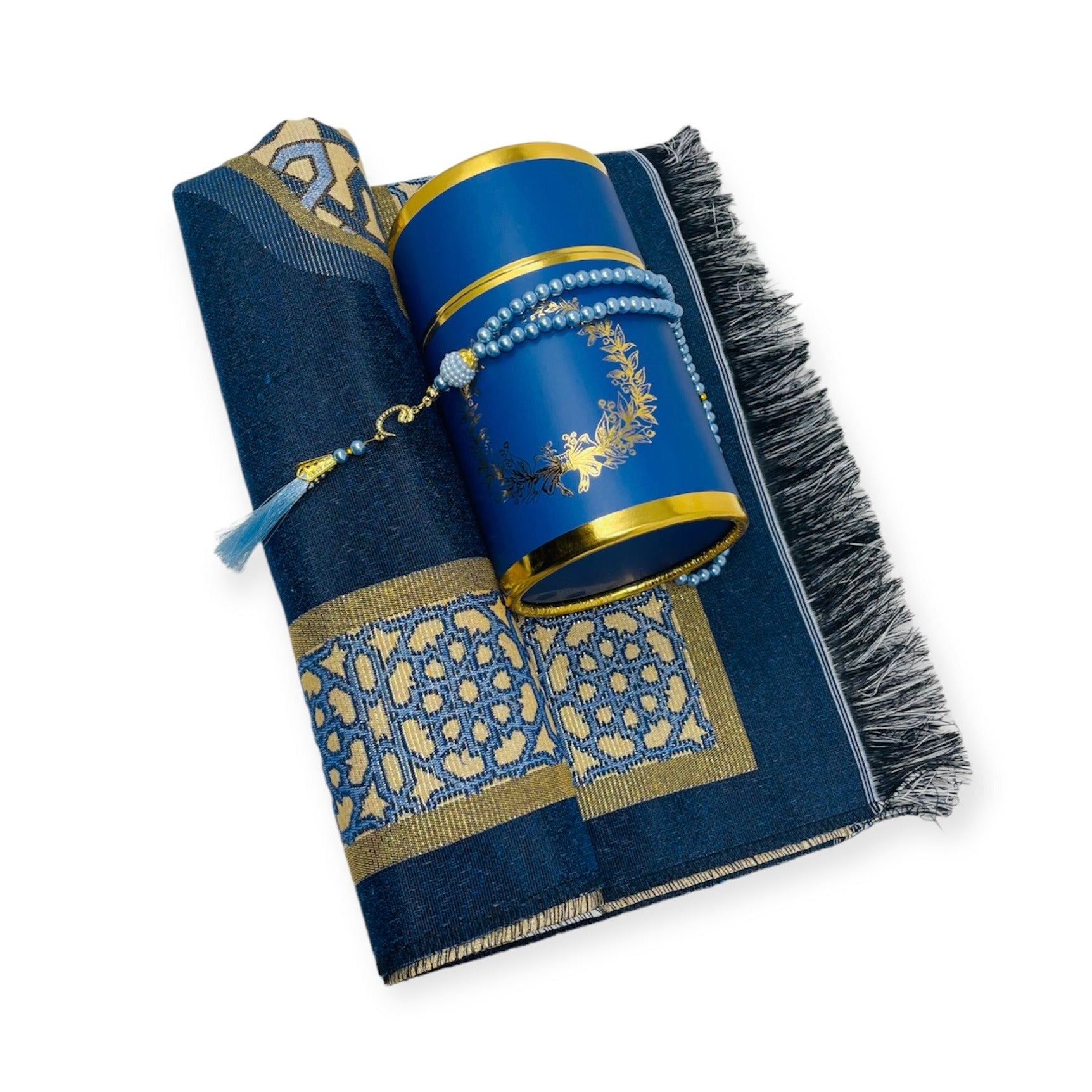 Islamic Prayer Mat - Cylinder Gift Box With Prayer mat, Tasbeeh Blue Islamic Prayer Mat - Cylinder Gift Box With Prayer mat, Tasbeeh Blue