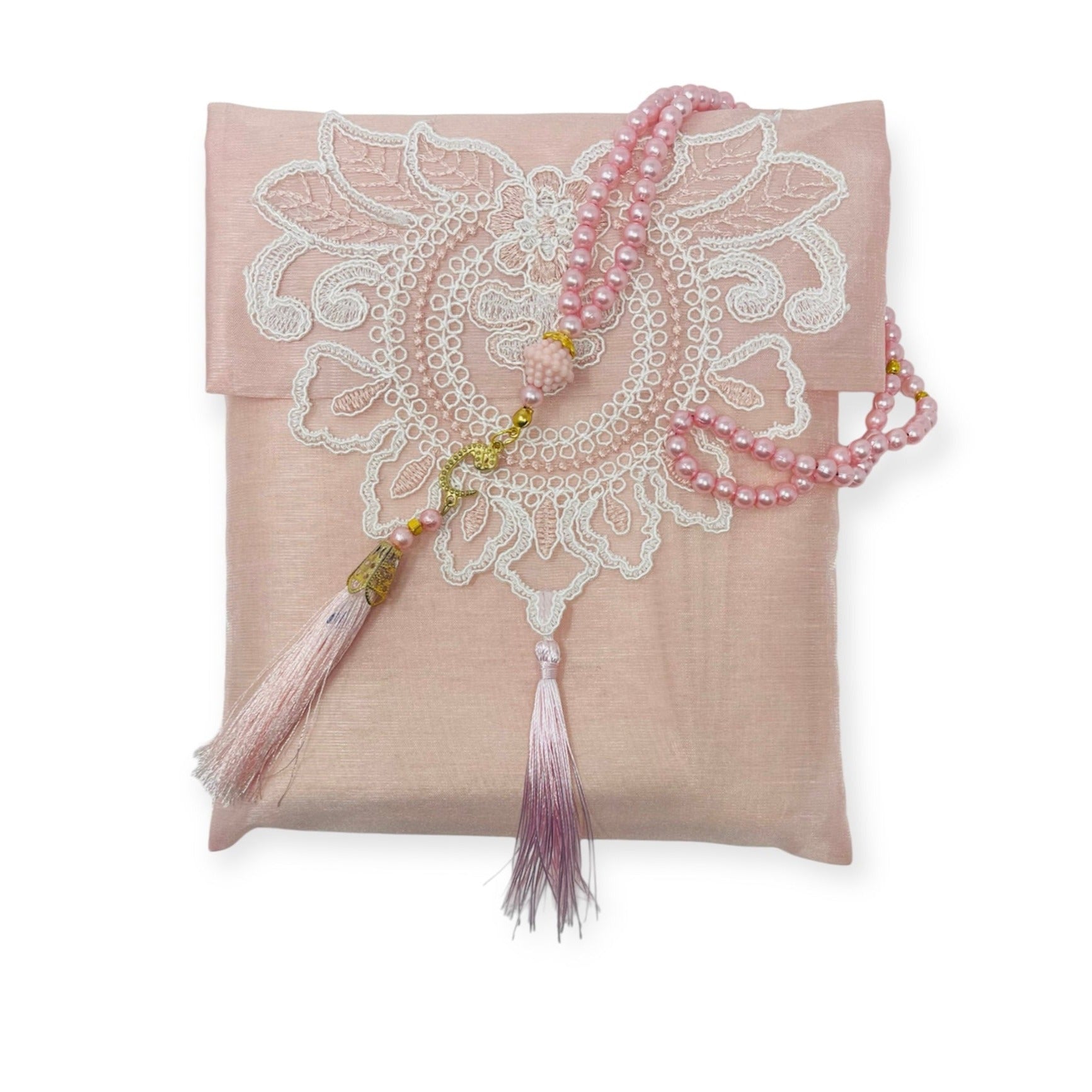 Islamic Prayer Mat - Lace Work Travel prayer mat With Tasbeeh Pink Islamic Prayer Mat - Lace Work Travel prayer mat With Tasbeeh Pink