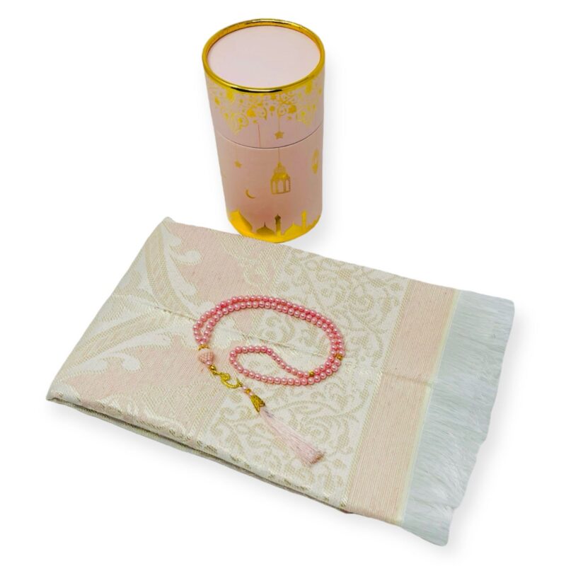 Islamic Prayer Mat - Cylinder Gift Box With Prayer mat, Tasbeeh Pink