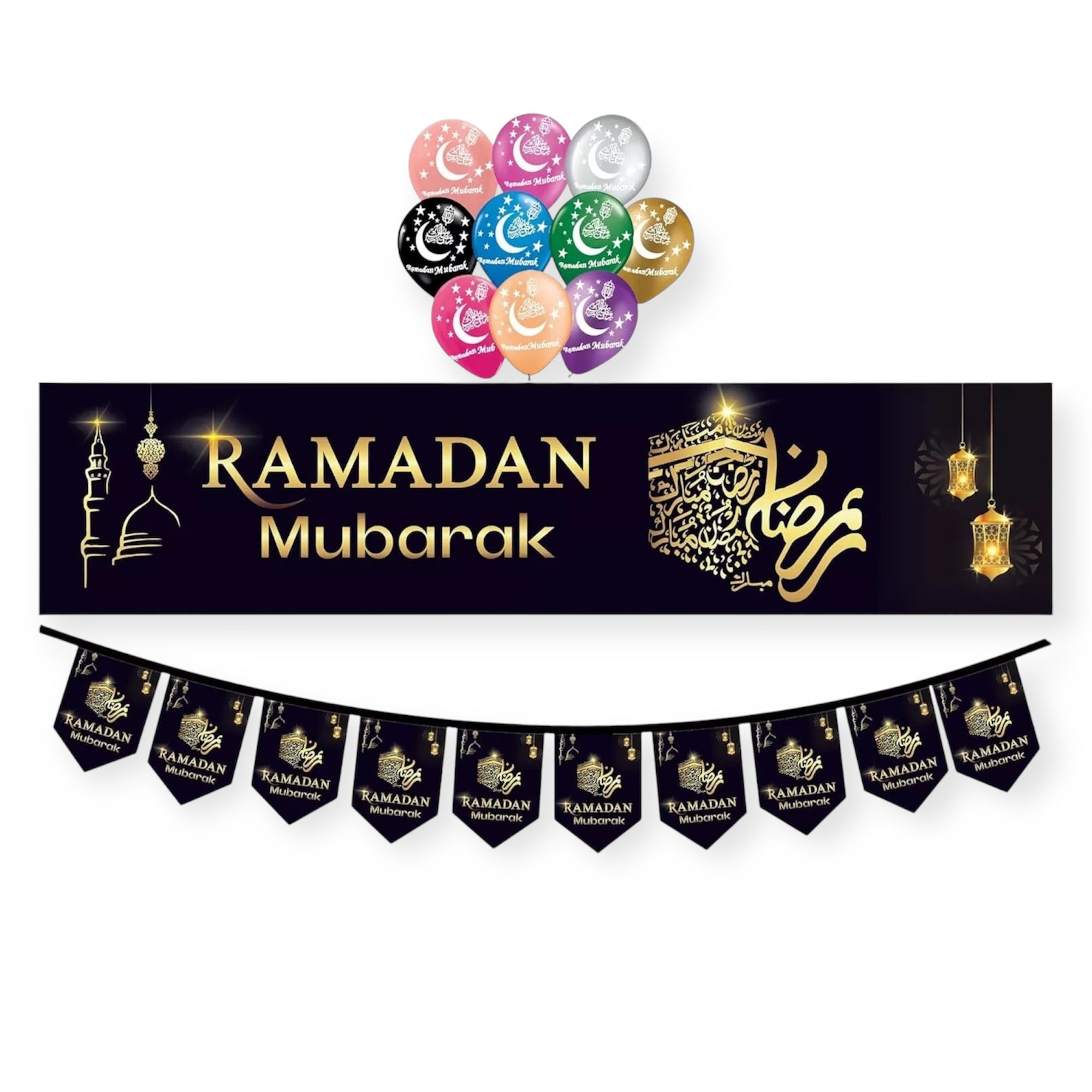 Islamic Ornament - Black Ramadan Mubarak Pack 2 Banners With Balloons Decorate And Celebrate Islamic Ornament - Black Ramadan Mubarak Pack 2 Banners With Balloons Decorate And Celebrate