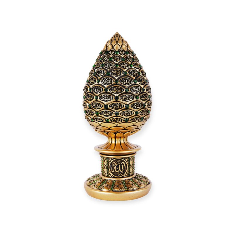 Islamic Ornament - Islamic Table Decor Golden pine cone with Green stones - 99 Names of Allah Alif collection