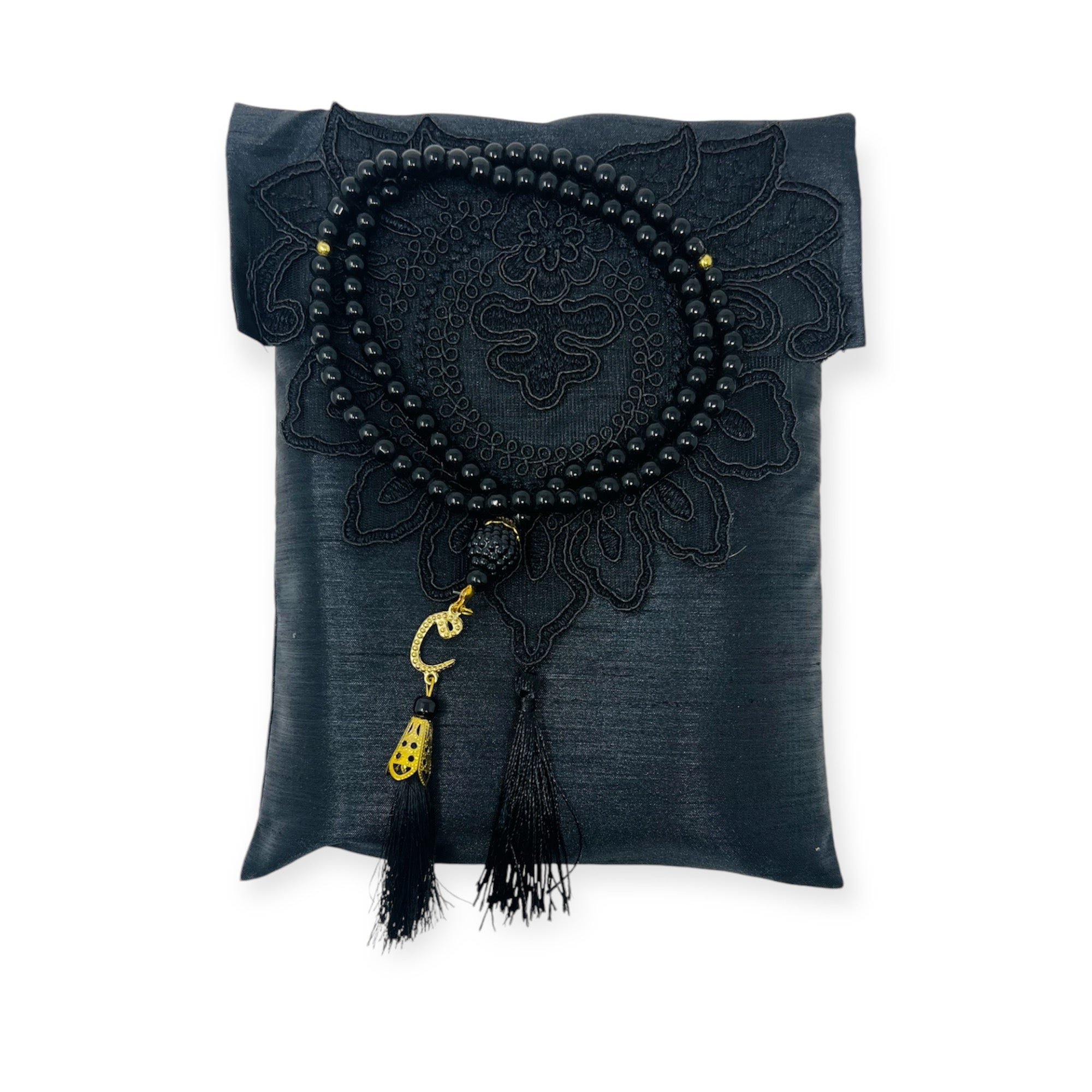 Islamic Prayer Mat - Lace Work Travel prayer mat With Tasbeeh Black Islamic Prayer Mat - Lace Work Travel prayer mat With Tasbeeh Black
