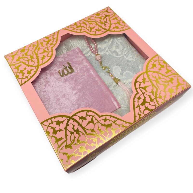 Islamic Prayer Mat - Islamic Gift set Prayer mat, Tasbeeh & Yaseen And Selected Surah Gift Box Pink