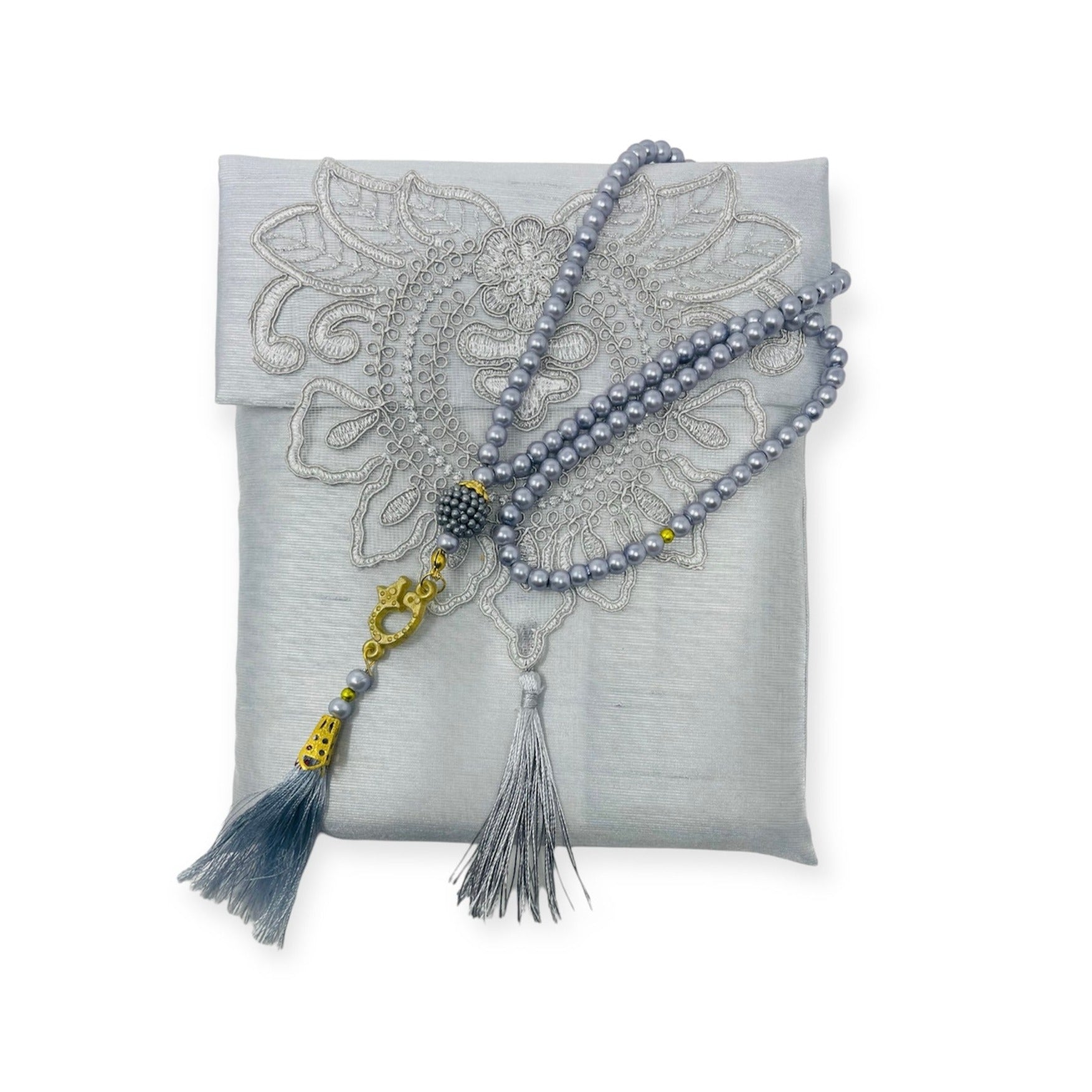 Islamic Prayer Mat - Lace Work Travel prayer mat With Tasbeeh Grey Islamic Prayer Mat - Lace Work Travel prayer mat With Tasbeeh Grey