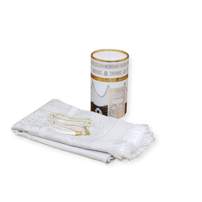Islamic Prayer Mat - Cylinder Gift Box With Prayer mat, Tasbeeh white
