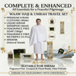 Hajj and Umrah Essential - Hajj Umrah 7 Pcs Set Kit Towel Cotton Ihram Belt Soap Miswak Tasbih Wipes