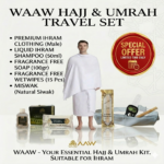 Hajj and Umrah Essential - Hajj Umrah 7 Pcs Set Kit Towel Cotton Ihram Belt Soap Miswak Tasbih Wipes