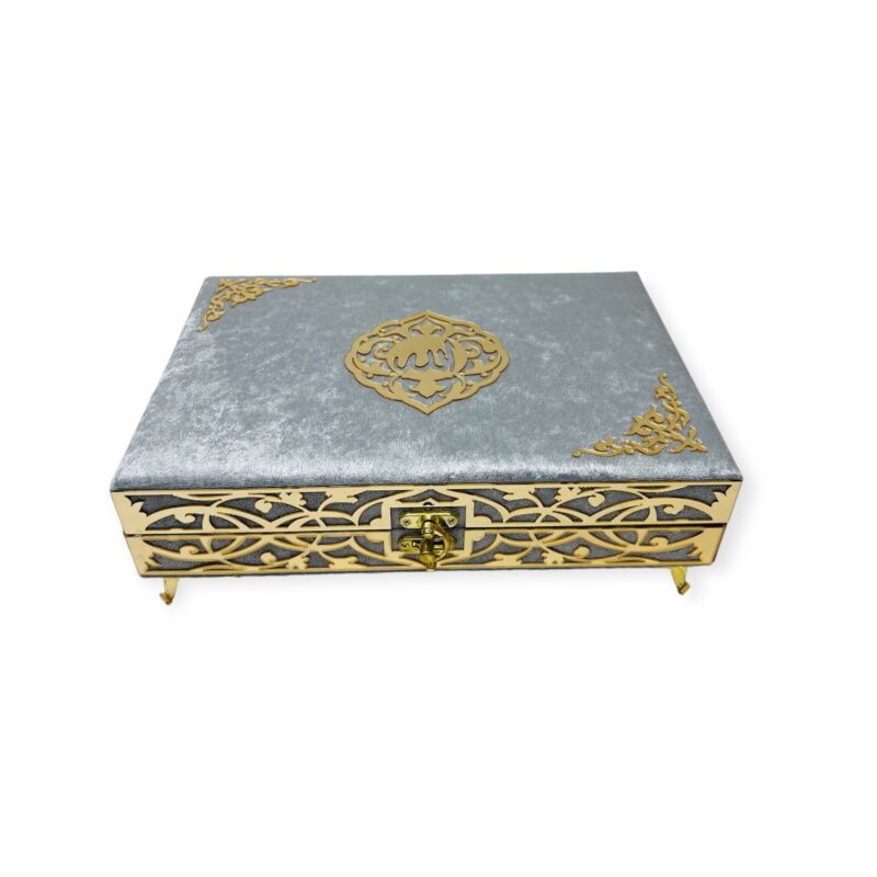 Tasbeeh Prayer Beads - Velvet Wooden Box Quran, Indo Pak 15 line Quran With Tasbeeh Grey